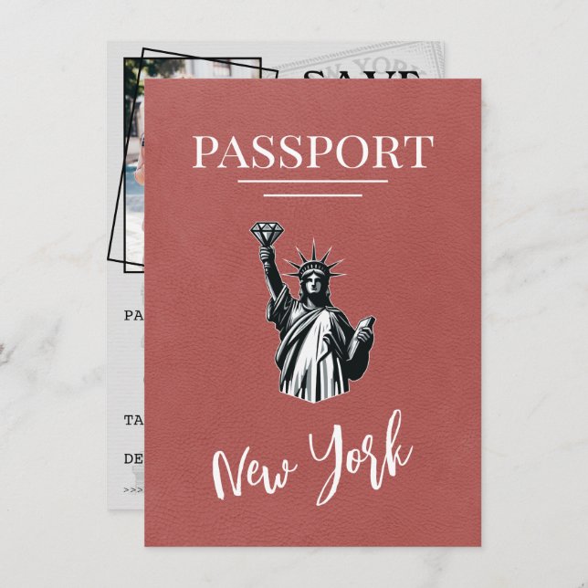 Light Burgundy New York City Passport Save The Date (Front/Back)