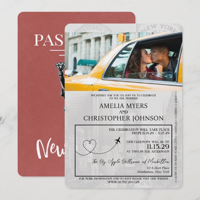 Light Burgundy New York City Passport Wedding Invitation (Front/Back)