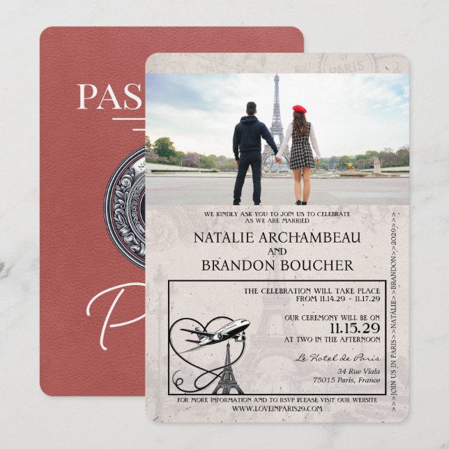 Light Burgundy Paris Passport Wedding Invitation (Front/Back)