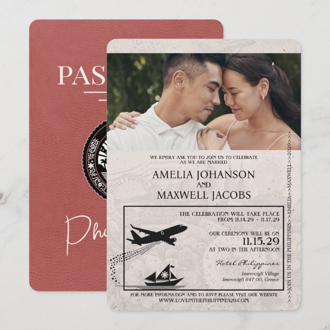 Light Burgundy Philippines Passport Wedding Invitation (Front/Back)