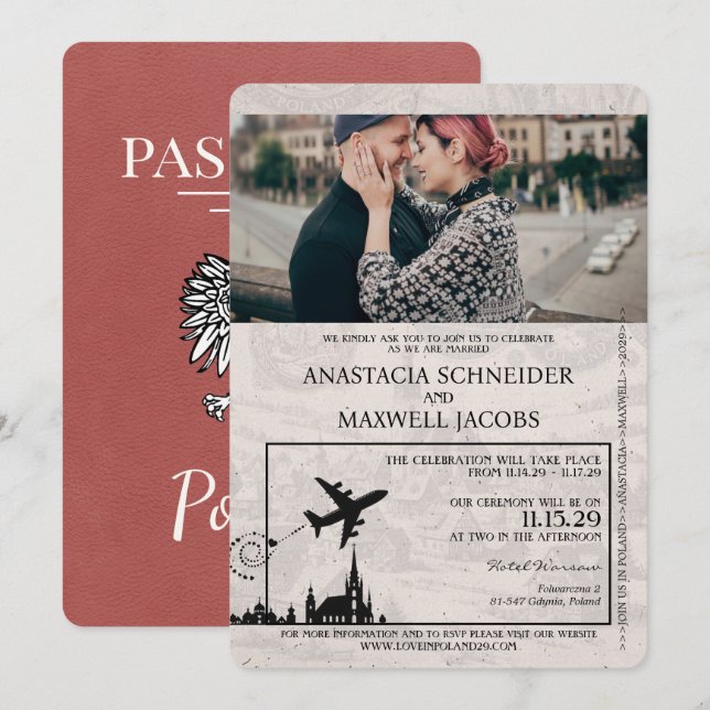 Light Burgundy Poland Passport Wedding Invitation (Front/Back)