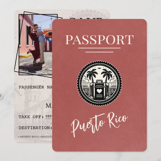 Light Burgundy Puerto Rico Passport Save The Date (Front/Back)