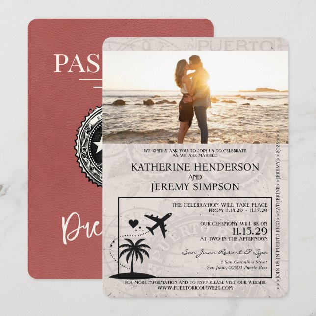 Light Burgundy Puerto Rico Passport Wedding Invitation (Front/Back)