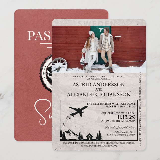 Light Burgundy Sweden Passport Wedding Invitation (Front/Back)