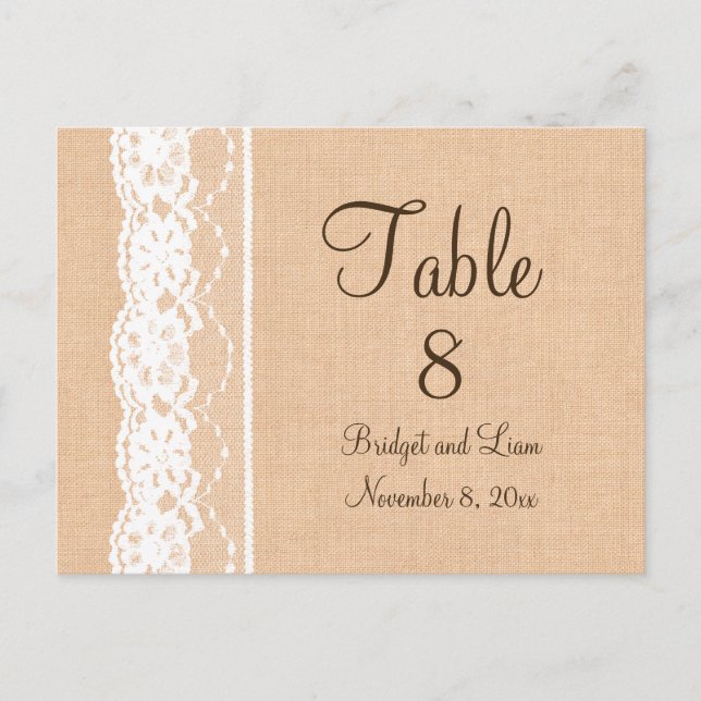 Light Burlap & Vintage Lace Table Number Postcard (Front)
