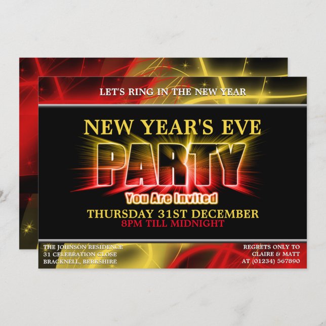Light Burst New Year's Eve Party Invitations (Front/Back)