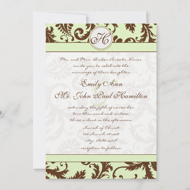 Light Celery Green Brown Damask Wedding Invitation (Front)