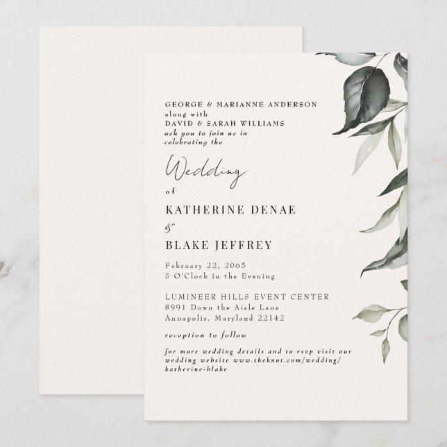 Light Champagne Botanical Foliage Website Wedding Invitation (Front/Back)