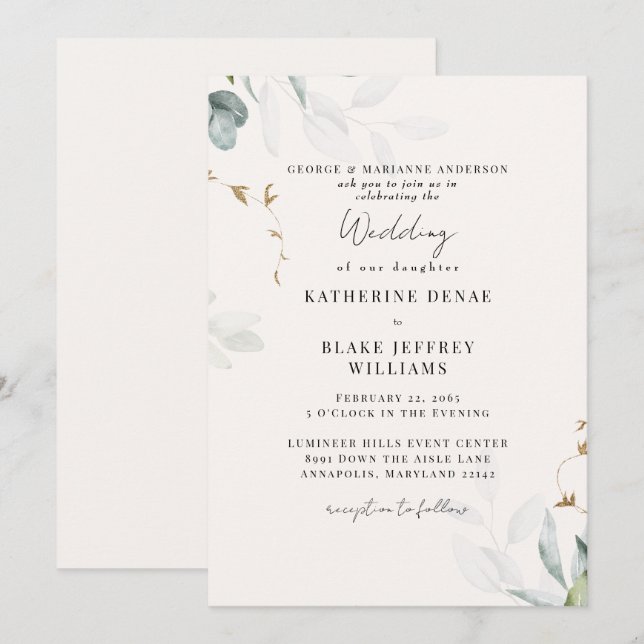 Light Champagne Botanical Wedding Invitation (Front/Back)