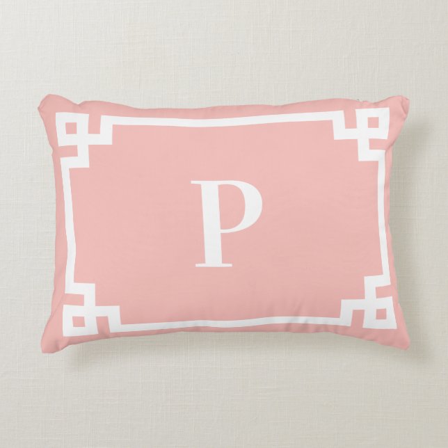 Light Coral and White Greek Key Border Monogram Accent Pillow (Front)