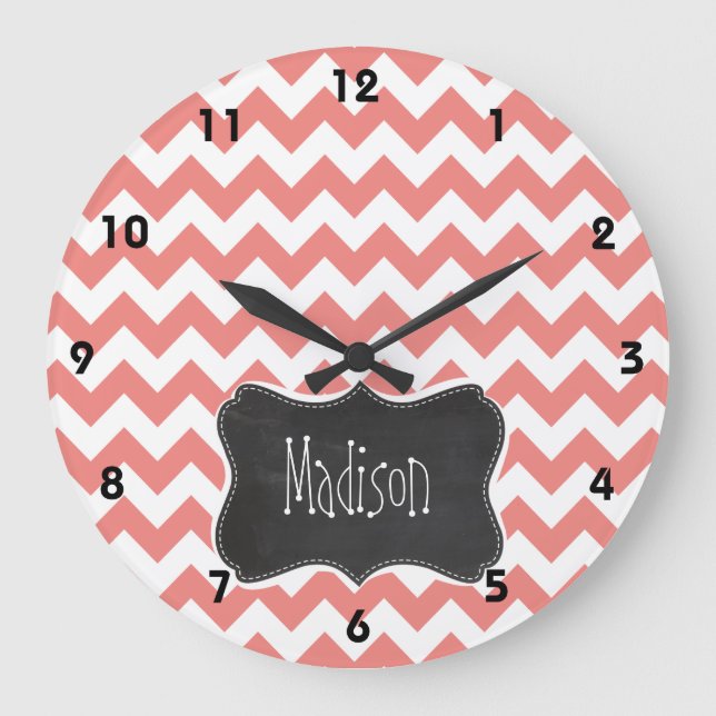 Light Coral Chevron Stripes; Chalkboard look Large Clock (Front)