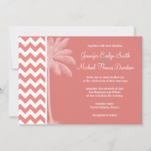 Light Coral Chevron Stripes; Palm Tree Invitation