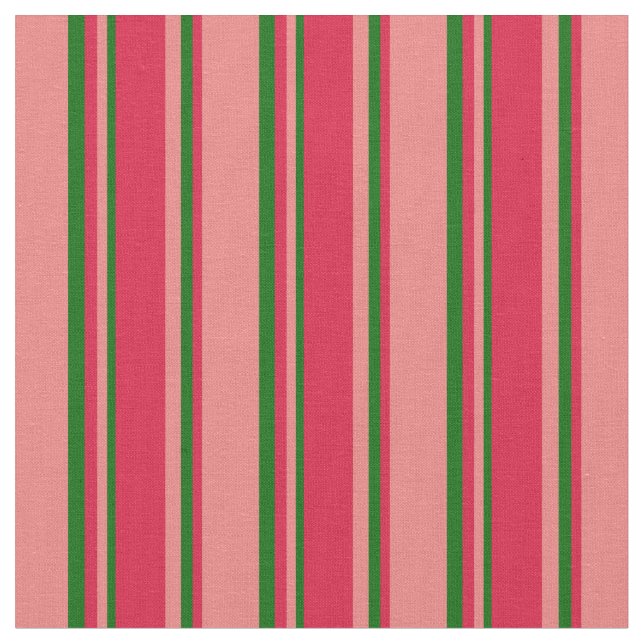 Light Coral, Crimson & Dark Green Lined Pattern Fabric (Close Up)