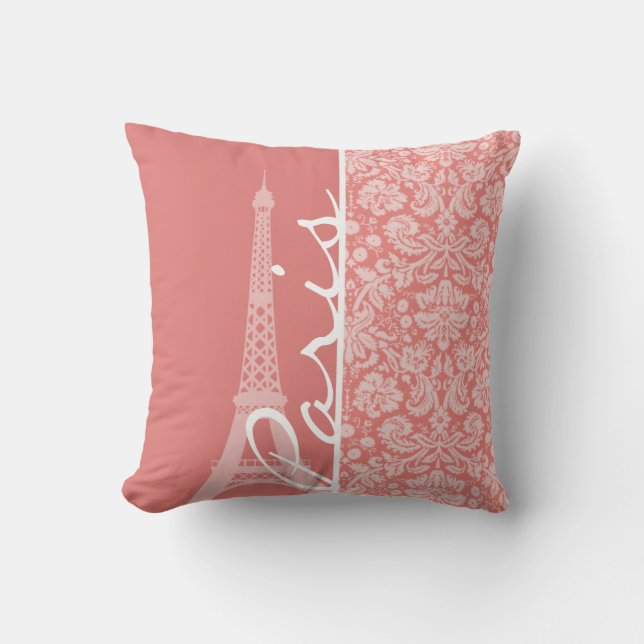 Light Coral Damask; Paris; Eiffel Tower Throw Pillow (Front)