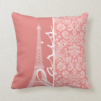 Light Coral Damask; Paris; Eiffel Tower Throw Pillow