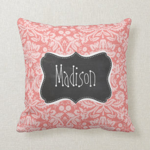 Light Coral Damask; Vintage Chalkboard look Throw Pillow