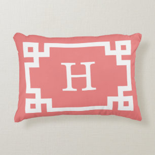 Light Coral Greek Key Frame #2 Initial Monogram Accent Pillow