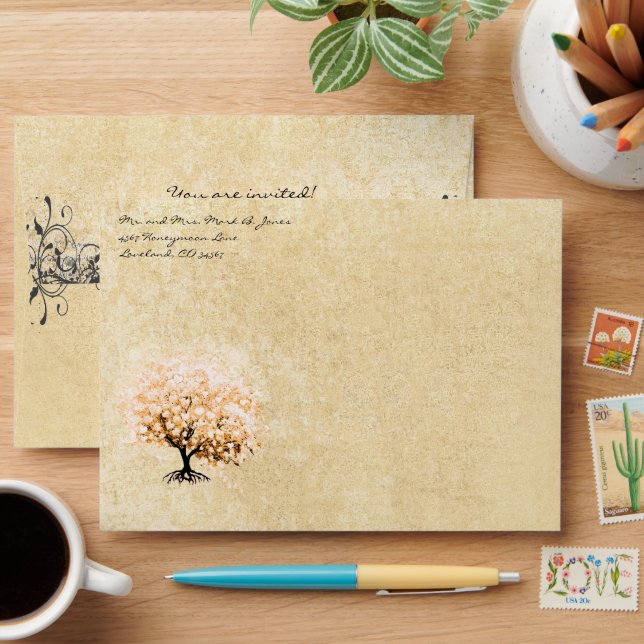 Light Coral Heart Leaf Tree Envelopes (Desk)
