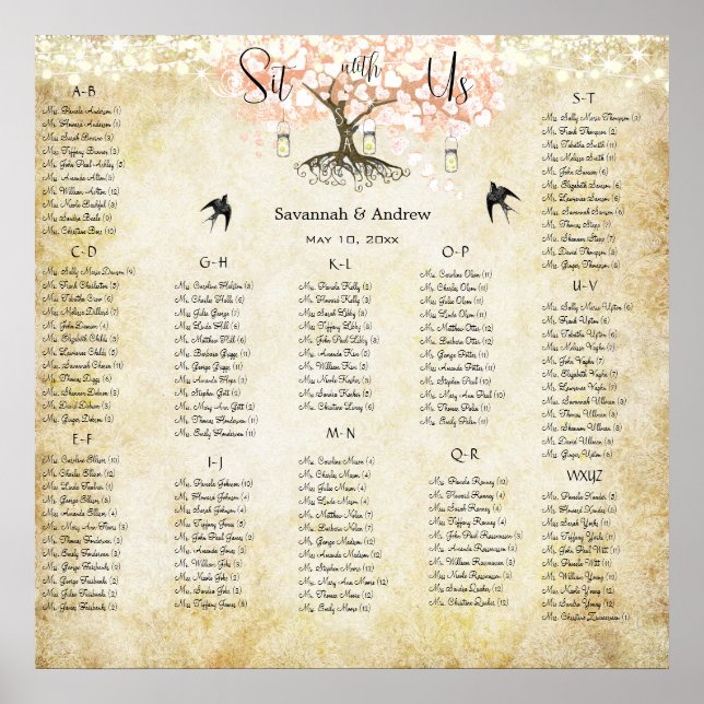 Light Coral Heart Leaf Tree Wedding Seating Chart (Front)