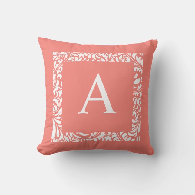 Light Coral Monogram A Throw Pillow (Front)