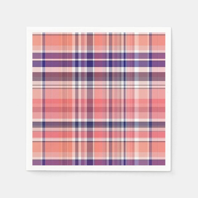 Light Coral, Navy Blue, White Preppy Madras Plaid Napkin (Front)
