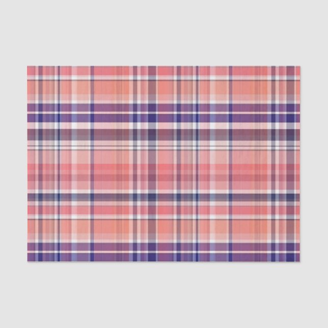 Light Coral, Navy Blue, White Preppy Madras Plaid Tissue Paper (Front)