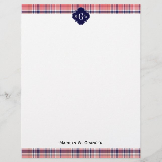 Light Coral Navy Wht Preppy Madras Monogram (Front)