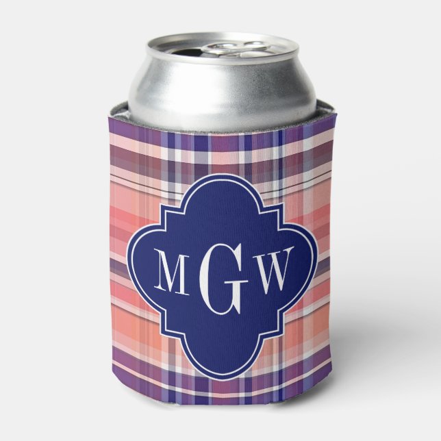 Light Coral Navy Wht Preppy Madras Monogram Can Cooler (Can Front)
