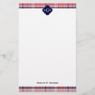 Light Coral Navy Wht Preppy Madras Monogram Stationery