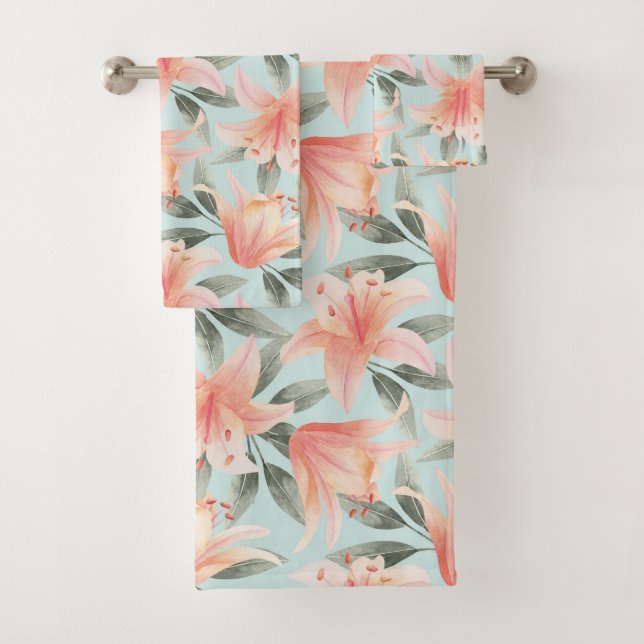 Light Coral Peach Floral Bath towel Set (Insitu)