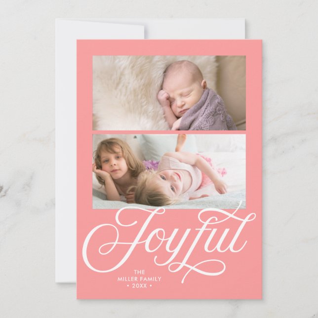 Light Coral Pink Cursive Joyful Holiday Photo Card (Front)