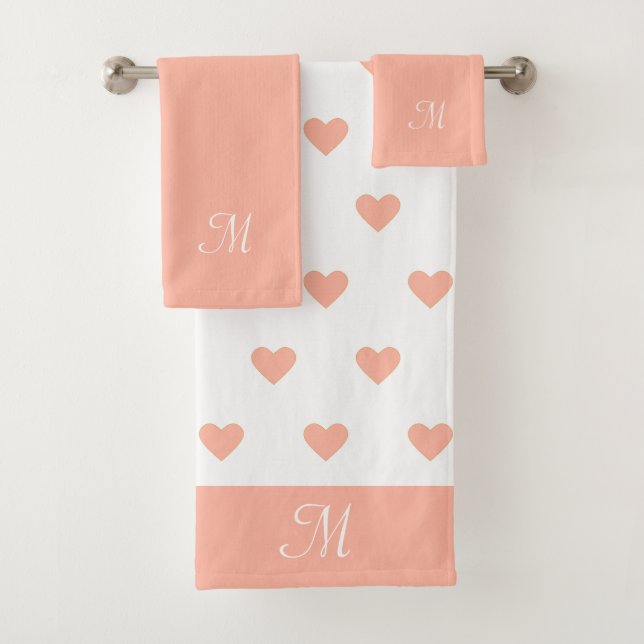 Light Coral Pink Heart Pattern & Monogram Bath Towel Set (Insitu)