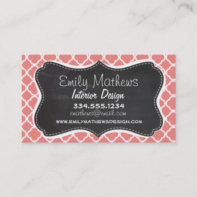 Light Coral Pink Moroccan Quatrefoil; Chalkboard Business Card (Front)
