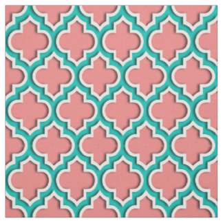 Light Coral, Teal Moroccan Quatrefoil #5DS Fabric