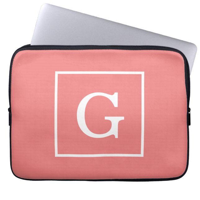 Light Coral White Framed Initial Monogram Laptop Sleeve (Front)