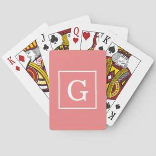 Light Coral White Framed Initial Monogram Playing Cards
