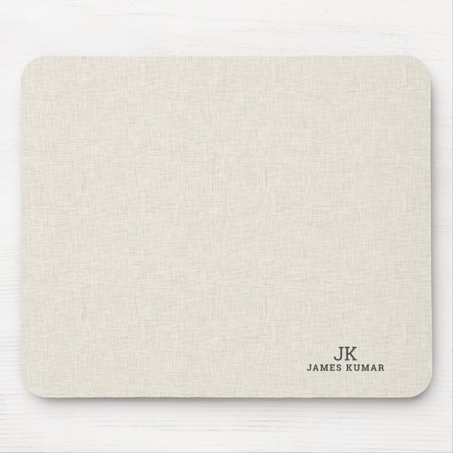 Light Cream Linen Texture Print Monogram Mouse Pad (Front)
