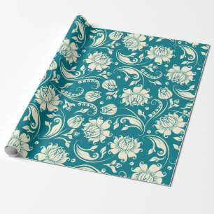 Light Cream & Teal-Green Floral Damasks Wrapping Paper