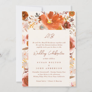 Light Cream Terracotta Monogram Floral Border Invitation