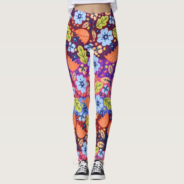 Light Dark Blue White Green Floral Art Christmas  Leggings (Front)