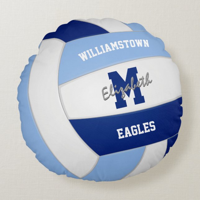 Light dark blue white team colours kids volleyball round pillow (Front)
