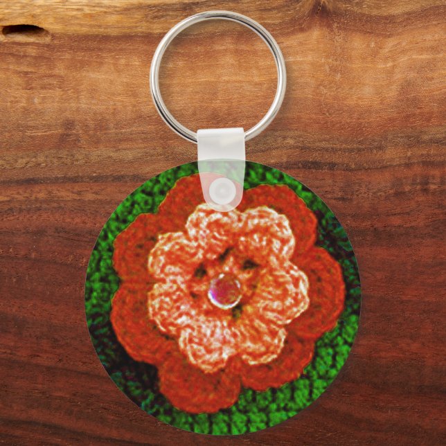 Light Dark Orange Flower Green Crochet Print on Keychain (Front)