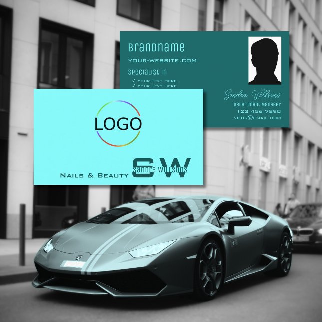 Light Dark Teal Chic with Monogram Logo and Photo Business Card (Creator Uploaded)