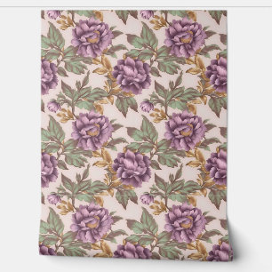 Light deep purple faux gold flowers sage leaves wallpaper