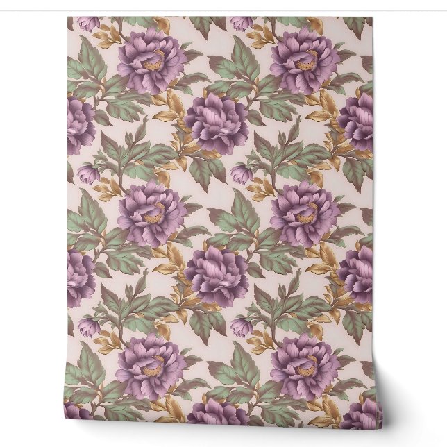 Light deep purple faux gold flowers sage leaves wallpaper (Unrolling)