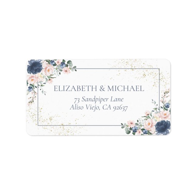 Light Dusty Blue Blush Pink Gold Floral Address Label (Front)