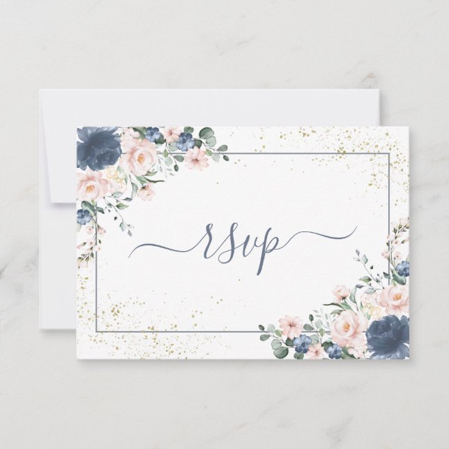 Light Dusty Blue Blush Pink Gold Floral RSVP (Front)
