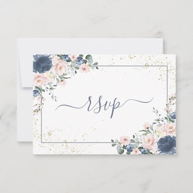 Light Dusty Blue Blush Pink Gold Floral RSVP Card (Front)