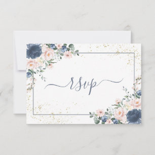 Light Dusty Blue Blush Pink Gold Floral RSVP Card