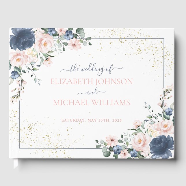 Light Dusty Blue Blush Pink Gold Floral Wedding Guest Book (Front)